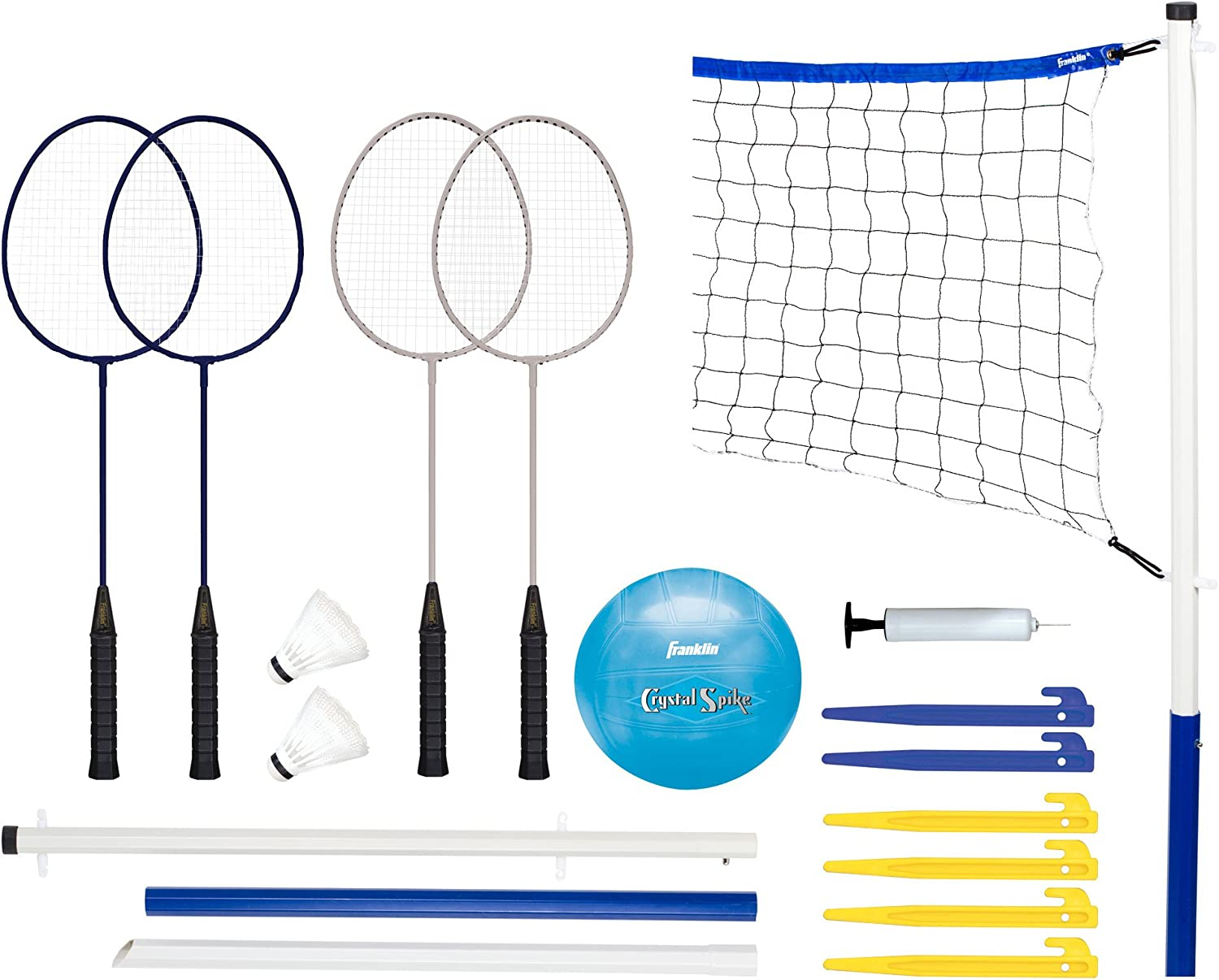 Franklin Sports Volleyball and Badminton Set - Volleyball, Pump, Badminton Rackets, Birdies, Net, and Adjustable Polls - Beach or Backyard Combo Set Games Visit the Franklin Sports Store