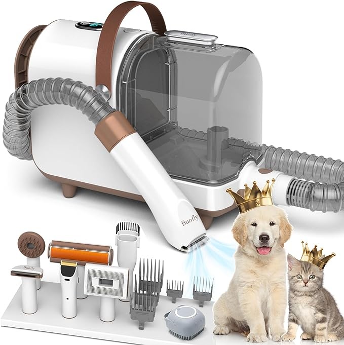 Bunfly Dog Grooming Kit,13000Pa Strong Grooming & Vacuum Suction 99.99% Pet Hair, 7 Pet Grooming Tools for Dogs Cats, 3L Large Capacity Dust Cup, Quiet Pet Vacuum Groomer（Brown&White）